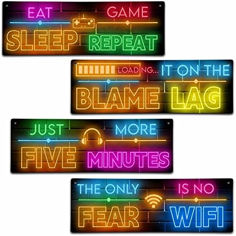 4 komada Gamer Room Dekor Wood Sign, Neon Gaming Dekor za dječačke sobe, drveni motivacijski citati zidna umjetnost, spremna