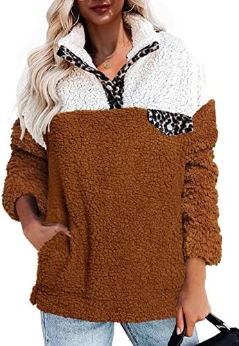Ermonn Womens Sherpa Fuzzy Fleece Twicirt Prevelike Contrast Color Gumb Ugodni džepovi kaput pulover jakna