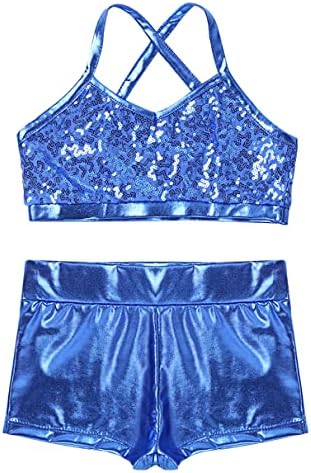 SXIWEI Kids Girls 2pcs Shiny Sequins Dance Outfit Criss Cross stražnji tenk Top s plijenom kratkim hlačama set