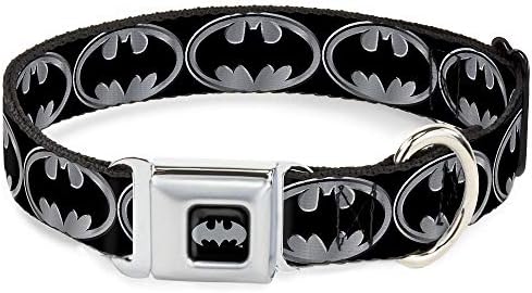 Skupova za pojas za pseće ogrlice Batman Shield Black Silver 15 do 26 inča širok 1,0 inča