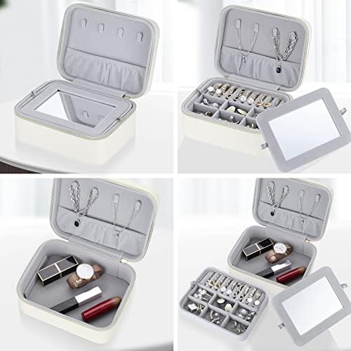 Kutija za nakit za žene-Prijenosni organizator putnog nakita od PU kože mala kutija za nakit s uklonjivim ogledalom - 2-slojna