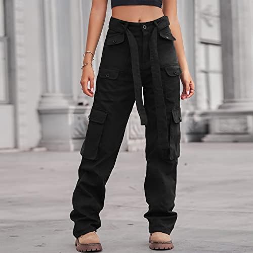 Crne teretne hlače za žene u hlačama s kaišnim hlačama s niskim porastom gumba za patentni zatvarač ravno s džepovima