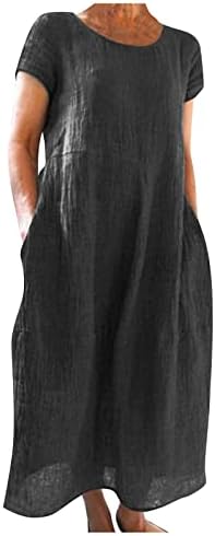 Ženske haljine za žensko ljeto ležerna čvrsta boja kratkih rukava O-Neck Šivanje labave džepne lanene haljine