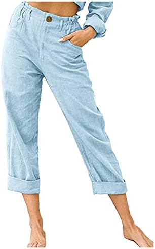 Ženske pamučne lanene hlače povremeni elastični struk široke noge plaže hlače opuštaju se za ljetni potez s džepovima