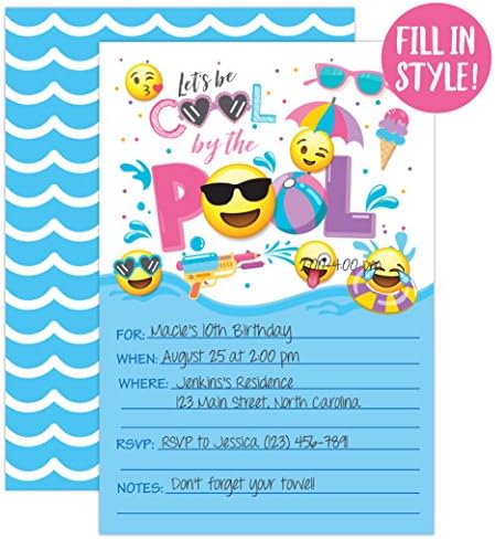 Djevojka Emoji Pool Party Pozivnice za rođendan, ljetni bazen zabave, jastučić za prskanje, vodeni park, 20 pozivnice za