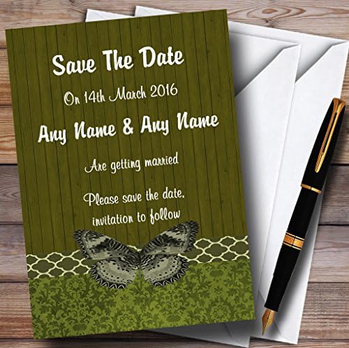 Rustikalni vintage drveni leptir maslinasto zeleno personalizirano vjenčanje Spremi datum