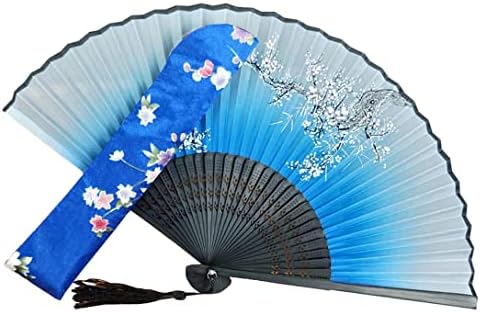 Atongham kineski stil bambusovi obožavatelji plavi obožavatelji s bijelim šljivama cvjetovima obožavatelja s tassel ženskim