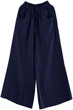 Ljetne Ležerne lanene hlače za žene širokog kroja, široke hlače visokog struka, duge hlače s džepovima, udobno dno
