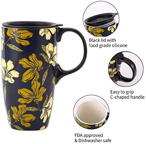 Topadorn keramička šalica za kavu za kavu poklon s poklopcem 17oz, porculanski visoki čaša s ručicom za dom i ured, poklon