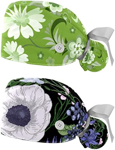 2 pakiranja podesiva radna kapica Bouffant šešir s gumbom Rastemljive trake kravate kape za žene cvjetne pozadine