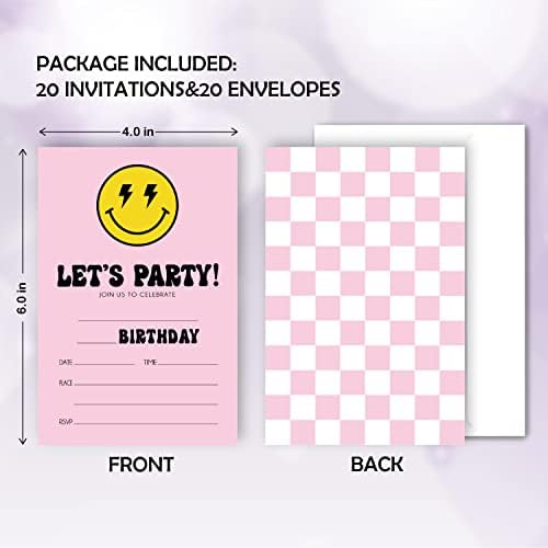 20 setova retro preppy ružičastih Smiley lice munje munja rođendanske pozivnice s omotnicama, idemo za zabavu preppy dvostrani