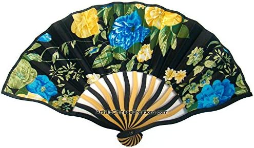 Kineski ventilator za ručni svile - cvijeće - crno - svileni / bambusovi kineski nakloni