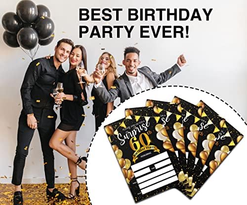 Iznenadite pozivnice za zabavu na 60. rođendan s omotnicama | 4 x6 crne i zlatne pozivnice za rođendan | Popunjavanje stilskih