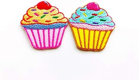 Th set od 2 sićušne slatke pastelne cupcake slatkiši desert šivanje željezo na izvezenom značku na značku patch zakrpa odjeća