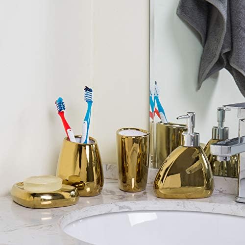 MyGift 4 komada Moderni zlatni keramički dodatak za kupaonicu sa sapunom za dozator, vrpca, držač četkice za zube i jelo